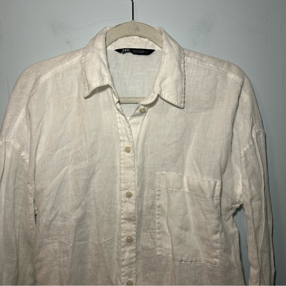 Zara 100% Linen White Button Down Long Sleeve Top Size Small - Picture 2 of 9
